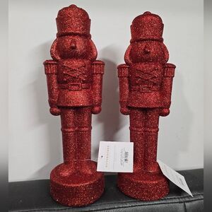 Set of 2 Red Glittered Christmas Decorative Nutcrackers, 11.5 in H, New